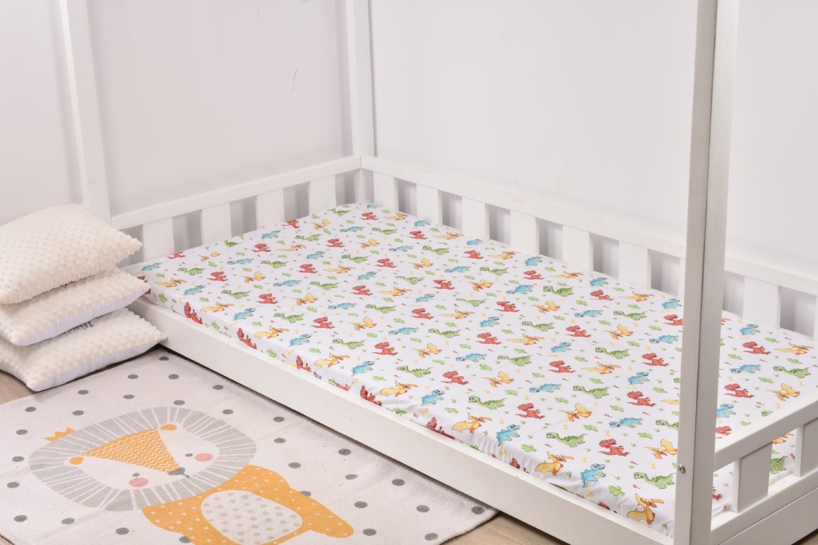 Cearsaf pat 90x200x10 cm bumbac 100% model dinozauri
