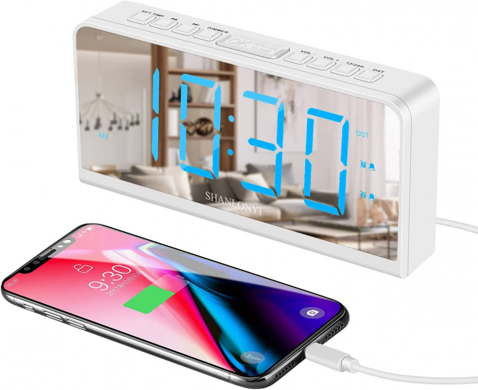 Ceas cu alarma SHANLONYI, afisaj LED, incarcare USB, alb/albastru, 17,7 x 3,8 x 9,5 cm