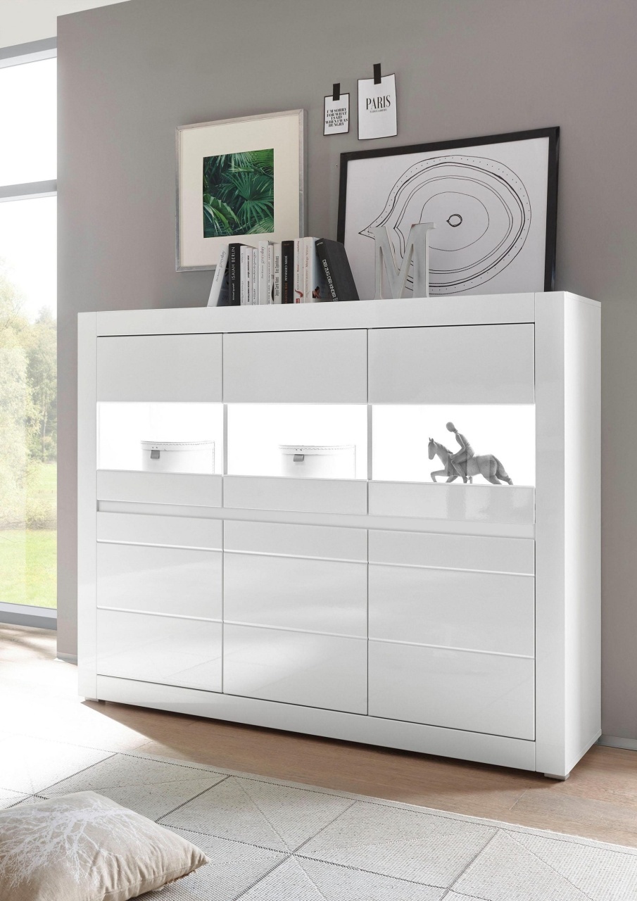 Comoda inalta Carat, Alb lucios, 164 cm latime