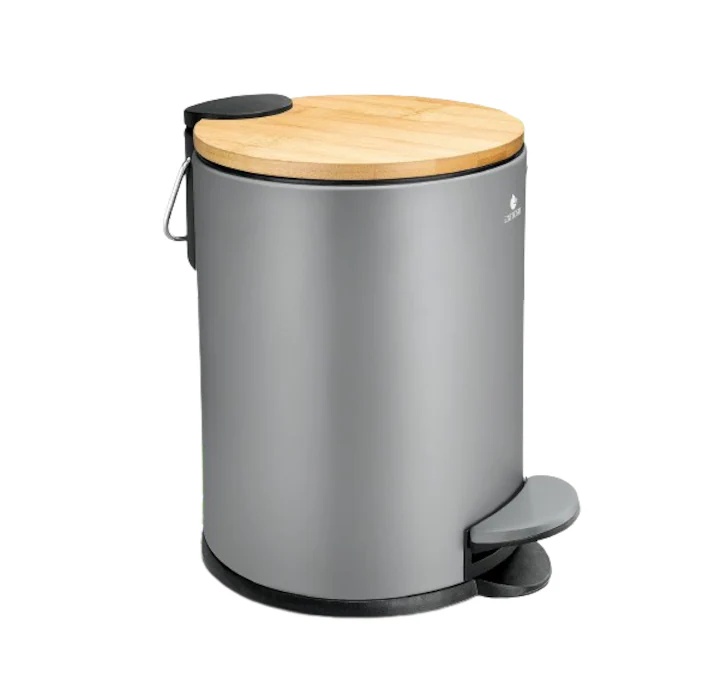 Cos de gunoi cu pedala Exitoso, Gri, Capac din lemn de bambus, Soft Close, 3l, resigilat
