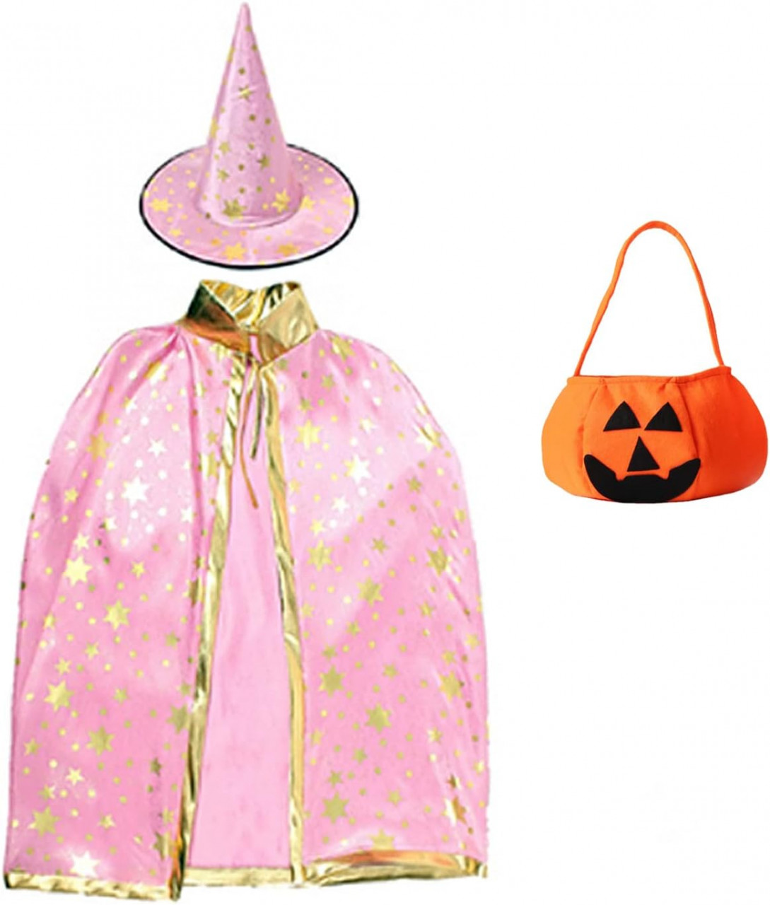 Costum de Halloween Hallojojo, 3 piese, poliester, roz/auriu/portocaliu, potrivit pentru inaltimi de la 90 la 140 cm