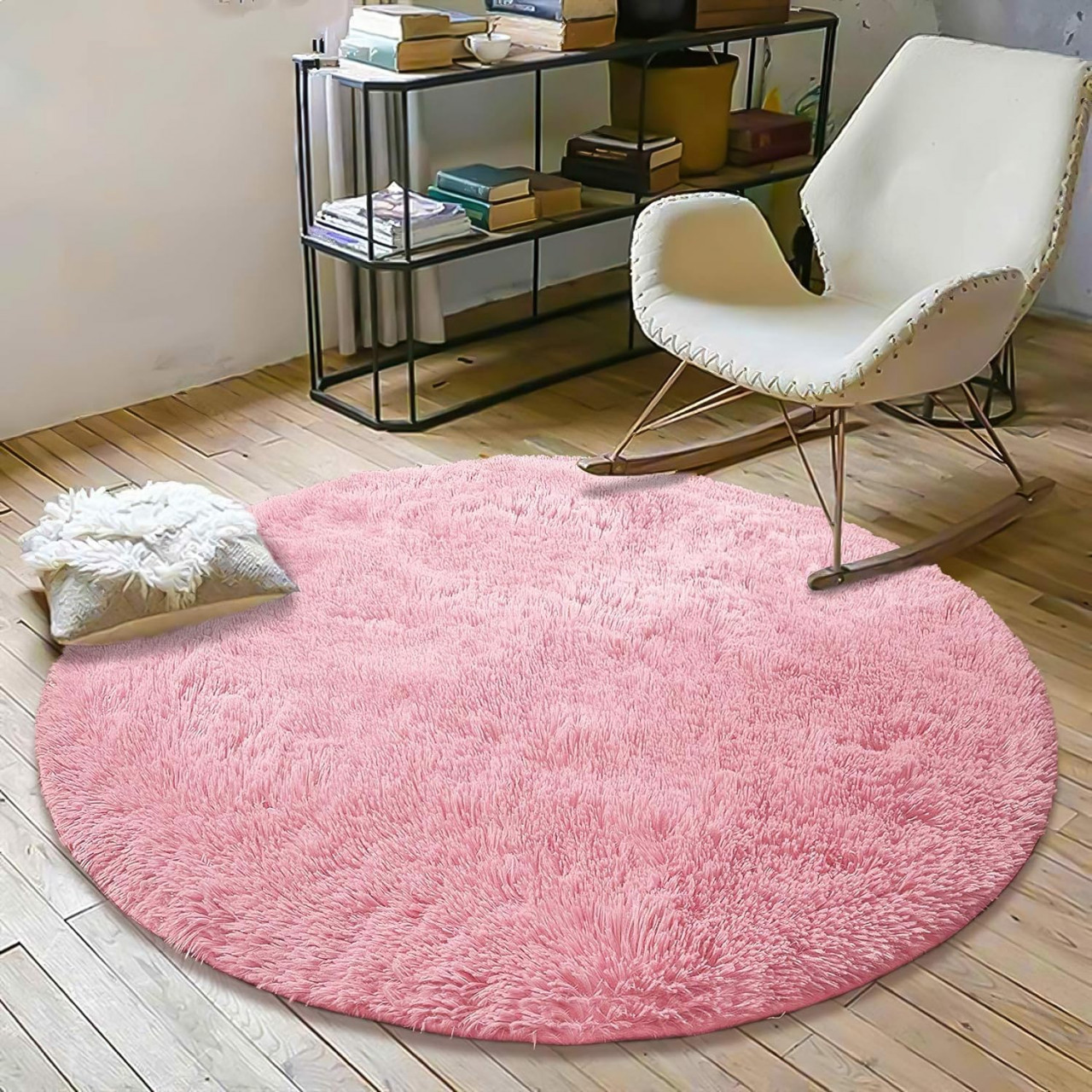 Covor rotund de blana Hetooshi, poliester, roz, 100 cm