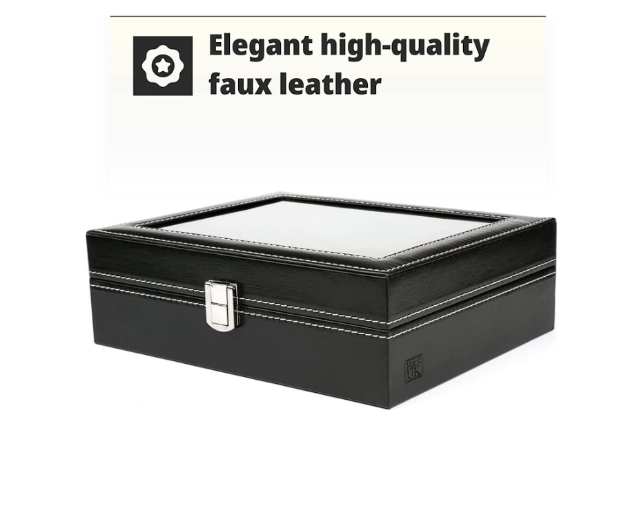 Cutie cu capac din sticla pentru 10 ceasuri, H&S, negru, cu pernite, 22.5 x 7.5 x 20.5 cm, Resigilat, Grad A