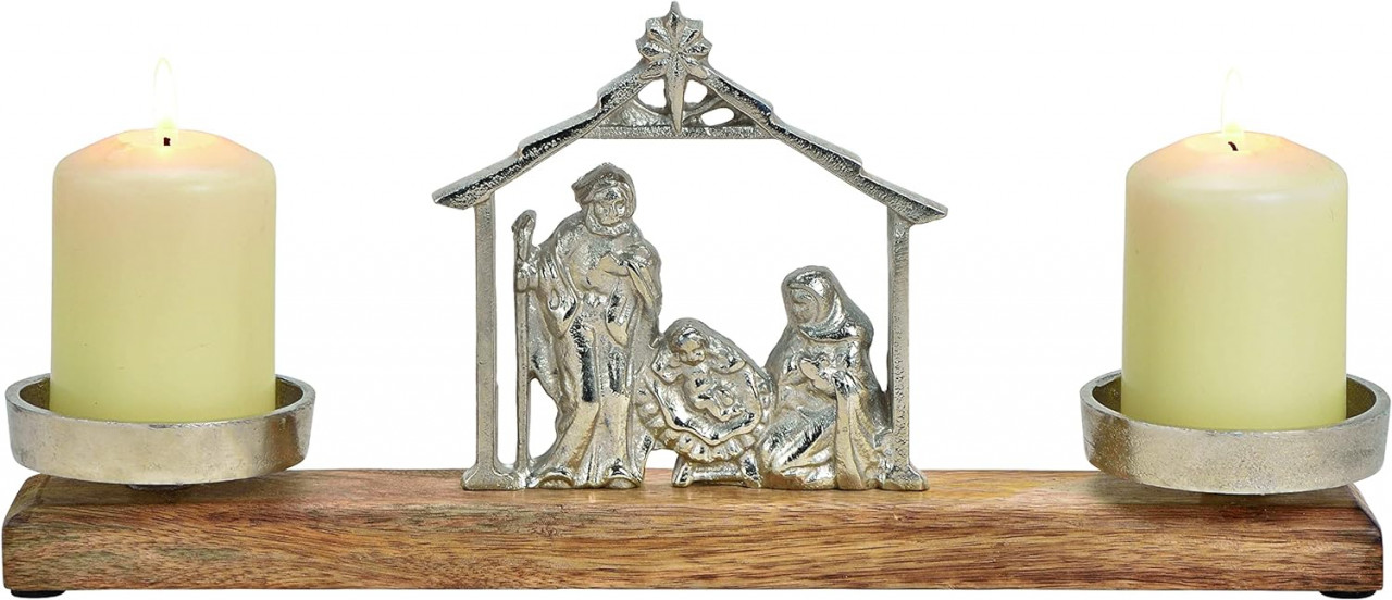 Decoratiune cu scena nasterii lui Iisus KONTARBOOR, lemn/metal, natur/argintiu, 36 x 15 x 8 cm
