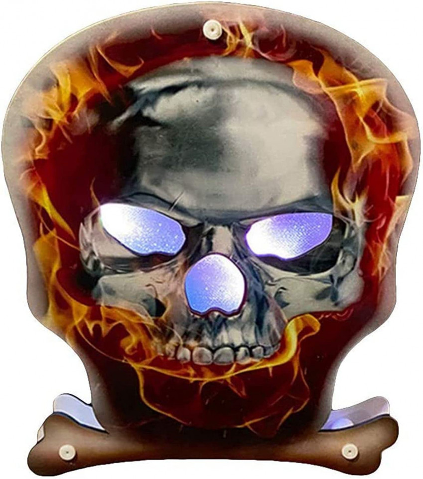 Decoratiune iluminata pentru Halloween U/N, model craniu, lemn, LED, multicolor, 19×23,5cm