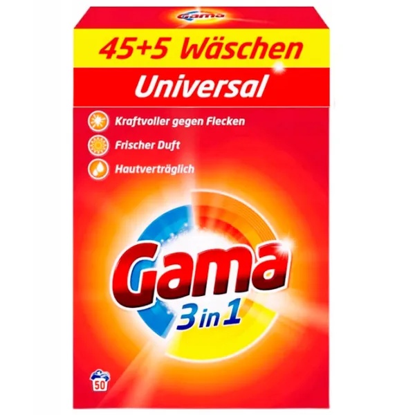 Detergent de rufe pudra Gama, Universal, 3in1, 3 kg, 50 spalari, Resigilat, Grad A