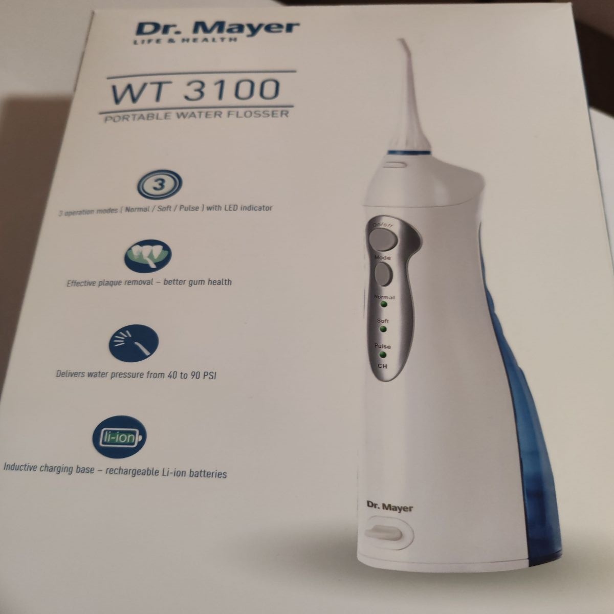 Dus bucal portabil Dr.Mayer WT3100 Alb/Albastru, Tehnologie Multi Pulse, presiune de la 40 la 90 PSI, 3 moduri de curatare (normal, sensibil ?i