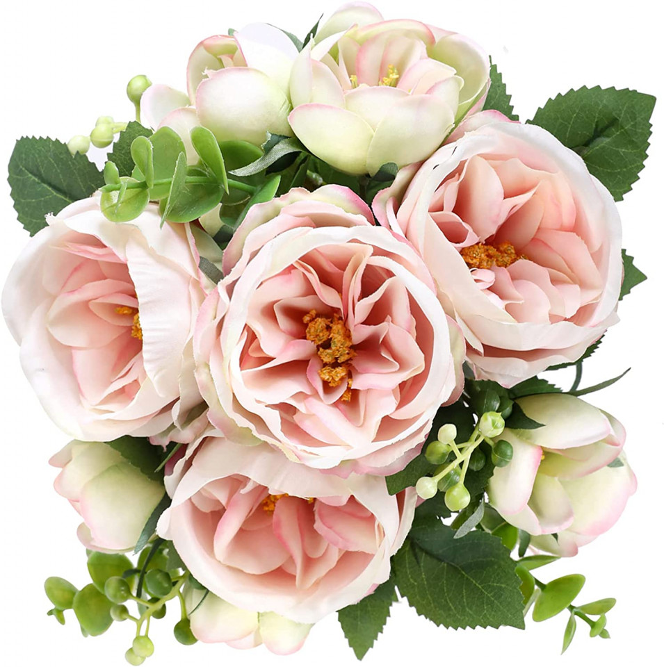 Floare de bujor artificial Tifuly, matase/plastic, roz deschis/verde, 35 x 22 cm artificial