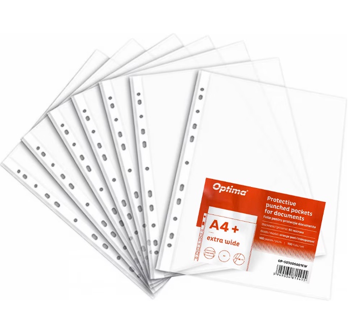 Folie protectie pentru documente A4, 60 microni, 100 folii/set, Optima Extra Wide - transparent, Resigilat, Grad A