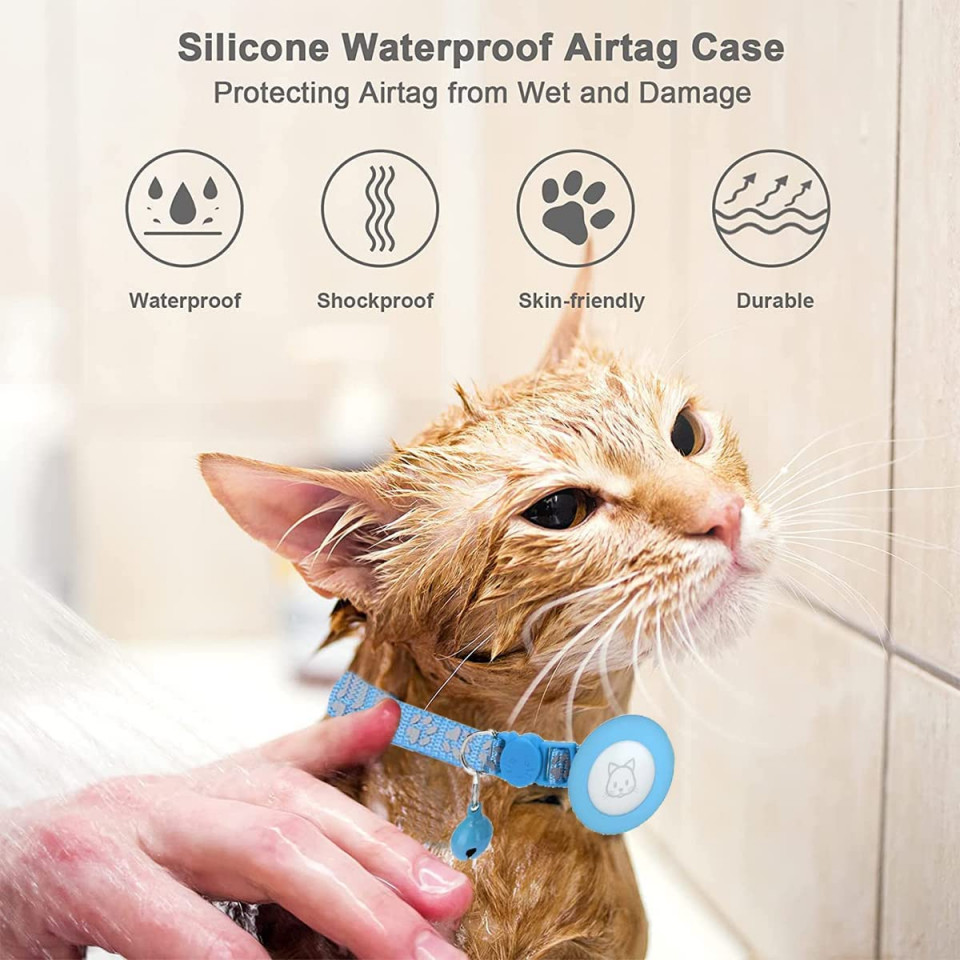 Poze Guler reglabil reflectorizant de noapte cu suport de AirTag pentru pisici SDZHDMO, nailon/silicon, albastru, 22-35 cm