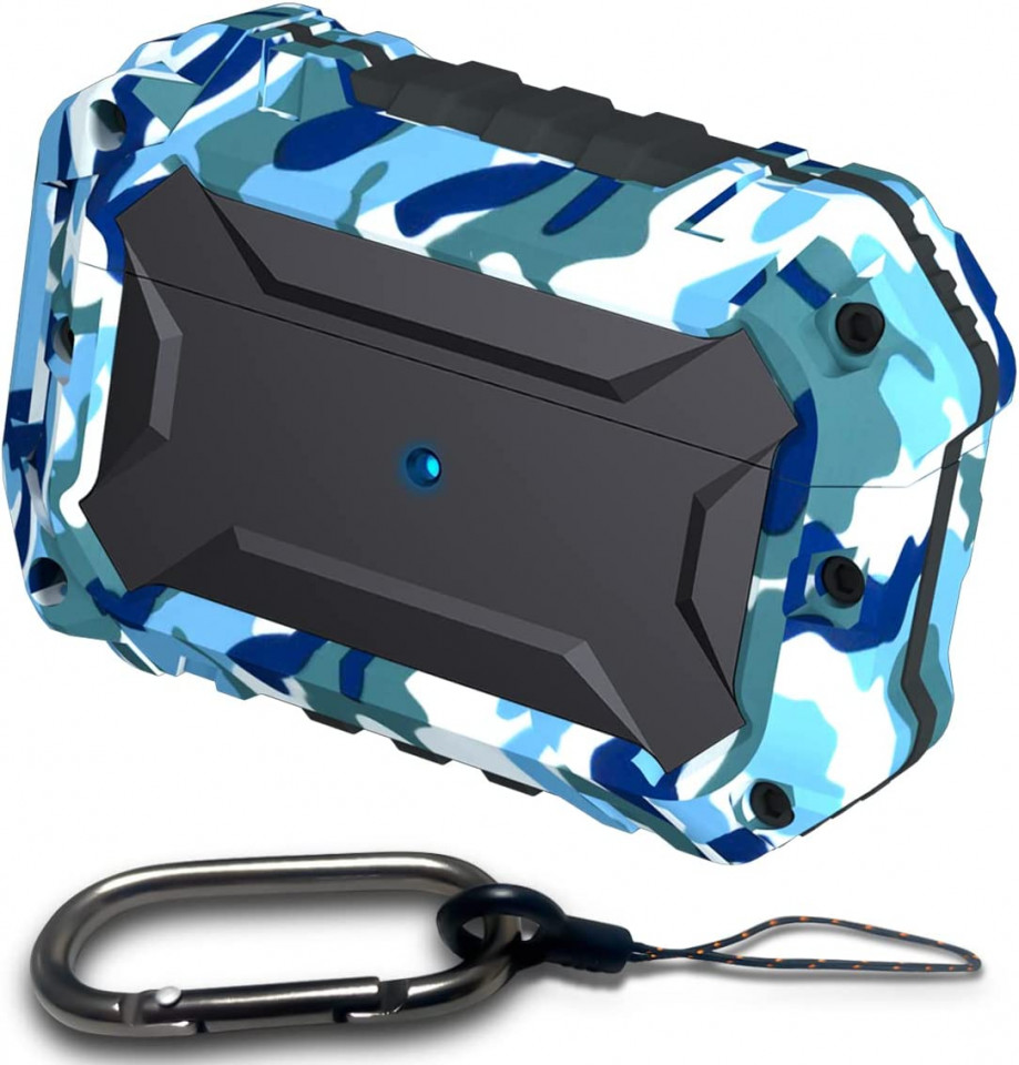 Husa de protectie compatibila cu AirPods Pro Flykreark, aliaj aluminiu/silicon, albastru, 8 x 5,3 x 2,6 cm