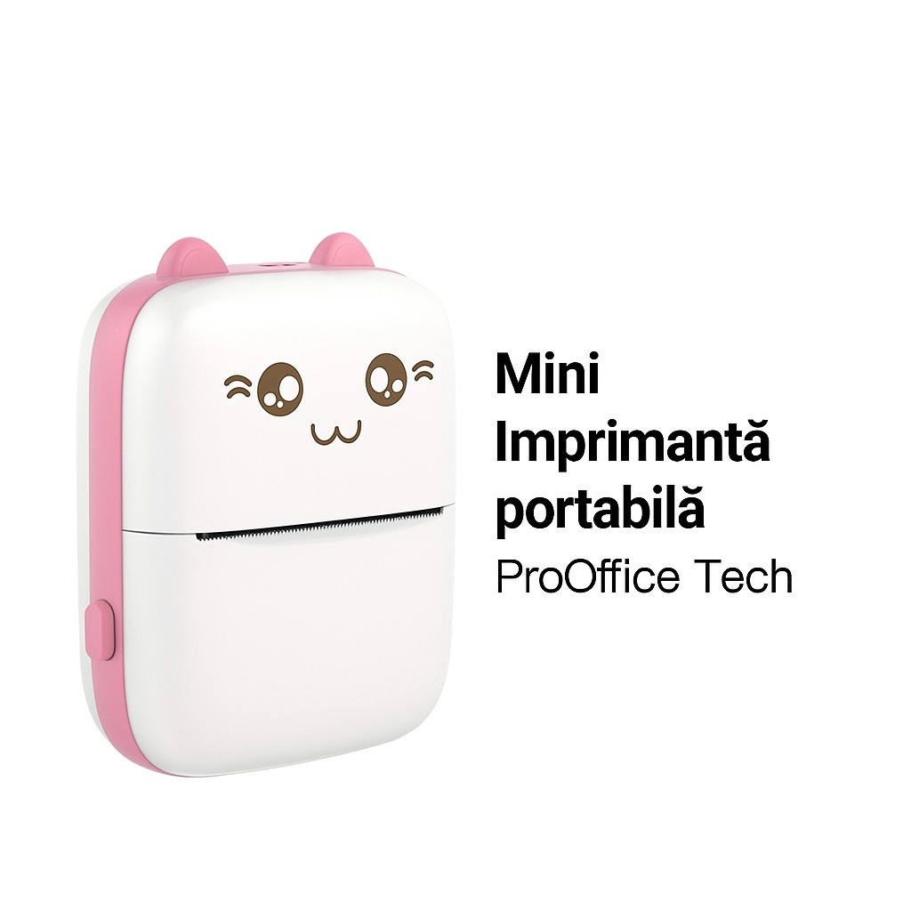 Imprimantă termică portabilă – compactă, fără cerneală, cu Bluetooth, ideală pentru notițe, etichete, coduri QR și stickere. Ușor de folosit,