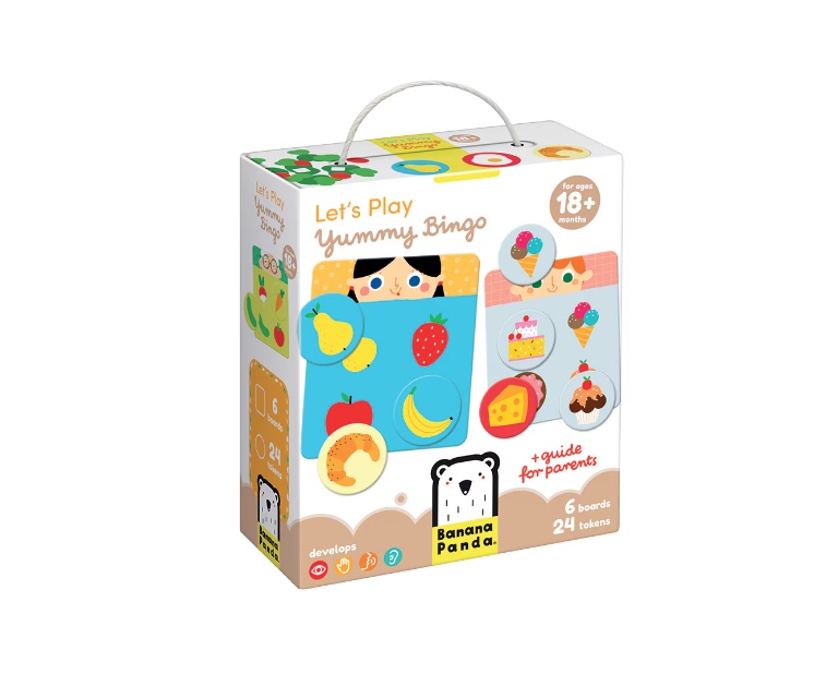 Joc educativ pentru copii tip Bingo si asociere imagini, Banana Panda Let\'s Play Yummy Bingo, cu alimente, 6 planse si 24 piese de asezat