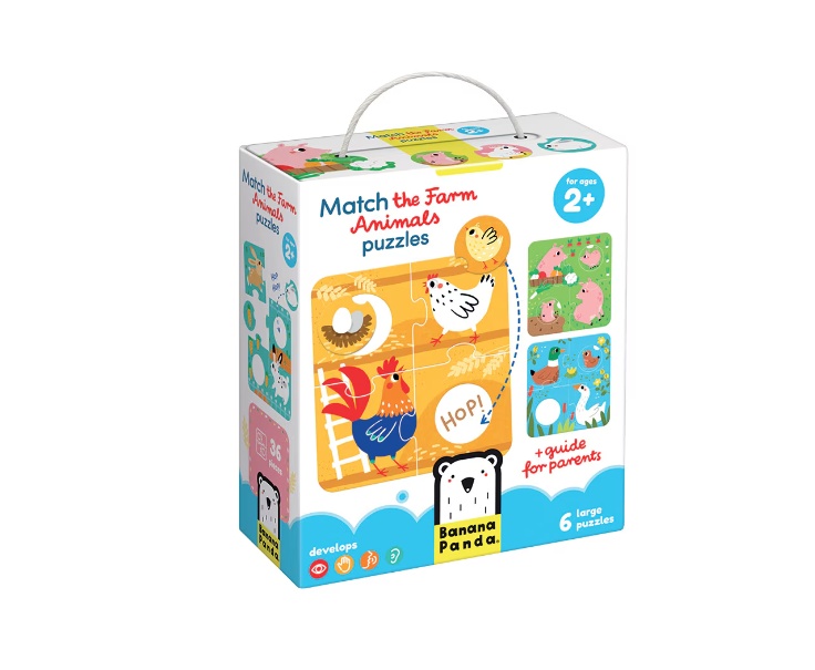 Joc tip puzzle pentru copii si bebelusi, Banana Panda, Match the Farm Animals, 36 piese, 6 placi formate din 6 piese cu animale de la ferma