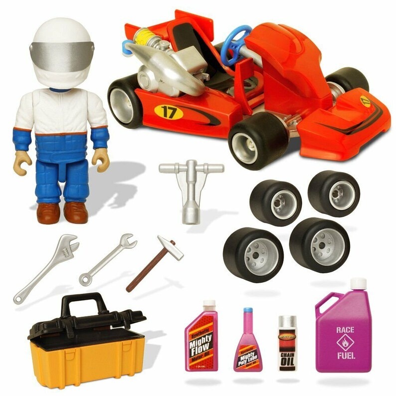 Jucărie auto, Mighty World, Ronnie Campionul Go-Kart, set cu figurina și accesorii, vintage