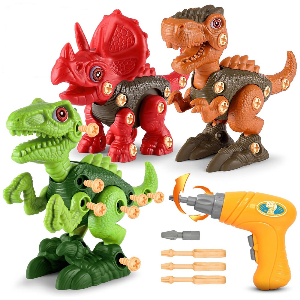 Jucarie educativa si interactiva STEM, set de constructie 3 Dinozauri Velociraptor, Triceraptor, Tyrannosaurus din ABS cu bormasina pentru inginerie,
