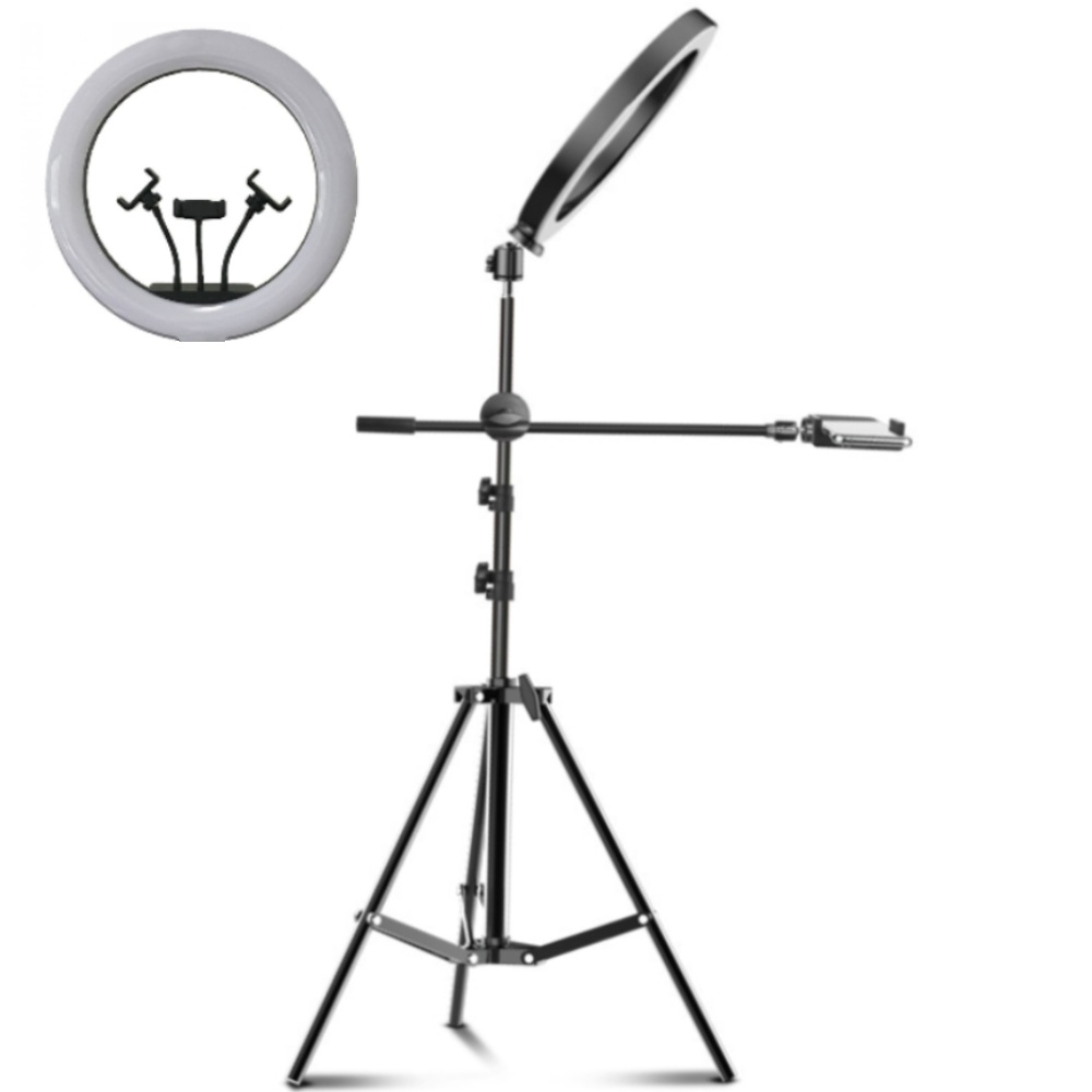 Lampa Circulara Ring Light REVOSE™ cu Extra Brat si 3 suporturi telefon, Diametru 36cm/14inch LED, Lumina Naturala/Rece/Calda, Trepied 210 cm Inclus,