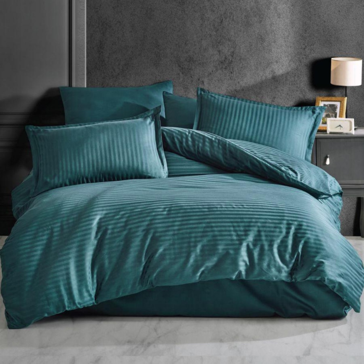Lenjerie de pat Cotton Deluxe Home & Deco, Damasc Saten Turcoaz Bumbac 100%, XXL