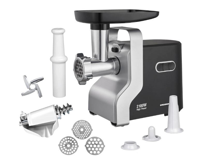 Masina de tocat carne Heinner MG-2100BKSL, 2100 W, Accesoriu rosii, Cutit Inox, Negru/Argintiu, RESIGILATA, 1 AN GARANTIE