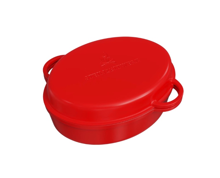 Oala cu capac Steinzeitwerk din fonta emailata, 6 l, 8kg, 2in1, pentru cuptor, plita, gaz, electric, cu inductie, ovala, 35x25x17 cm, Rosu