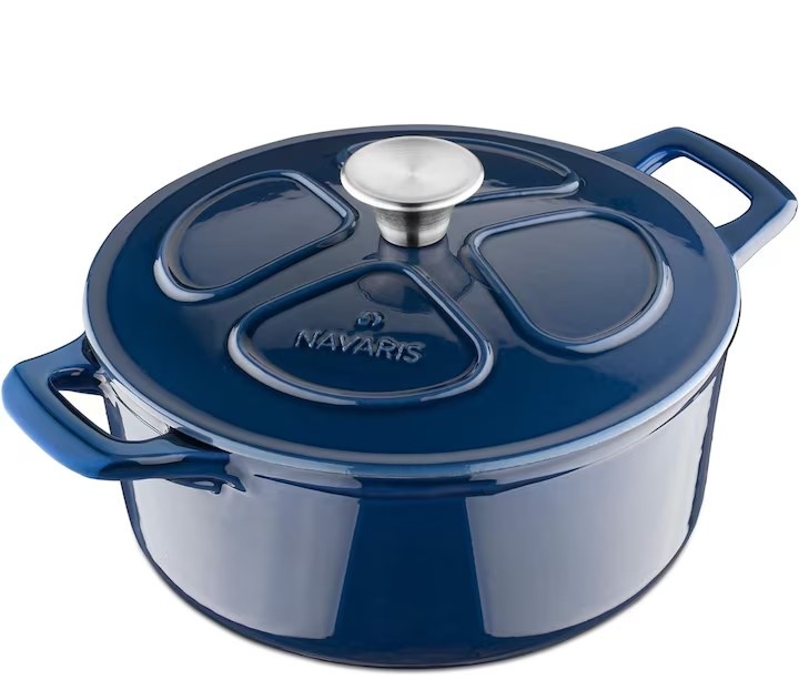 Oala fonta emailata Navaris, albastru, cu capac, pentru cuptor, plita, gaz, electric, cu inductie, cu infrarosu, 24 cm, 3.5 l, resigilat
