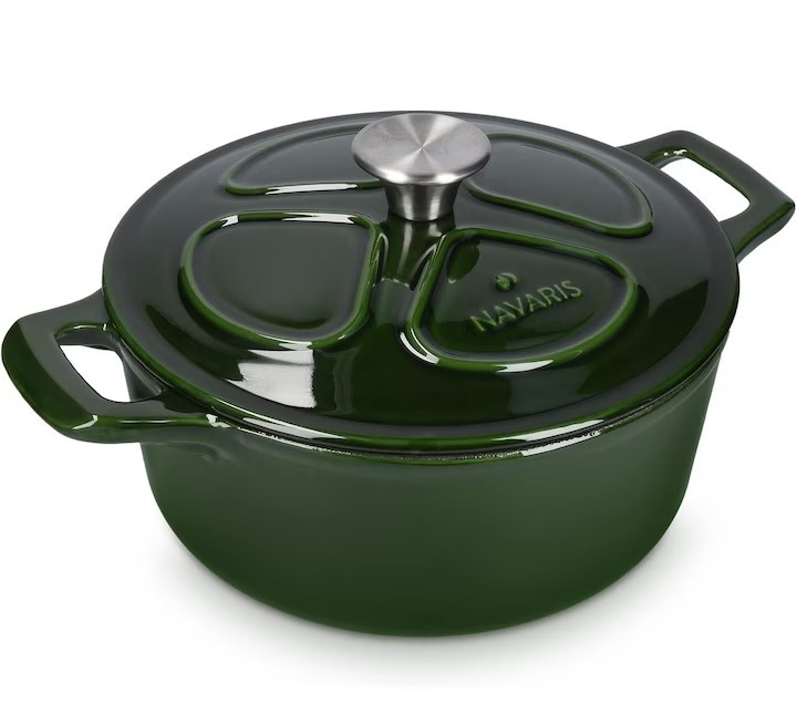 Oala fonta emailata Navaris, verde inchis, cu capac, pentru cuptor, plita, gaz, electric, cu inductie, cu infrarosu, 20 cm, 2.5 l, resigilat