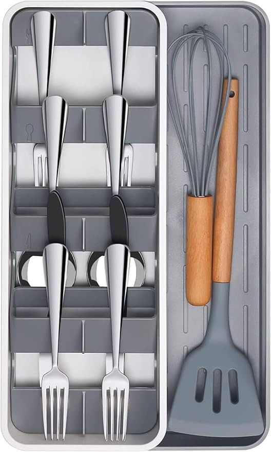 Organizator extensibil pentru tacamuri JUPELI, plastic, gri, 40 x 14 x 5,6 cm