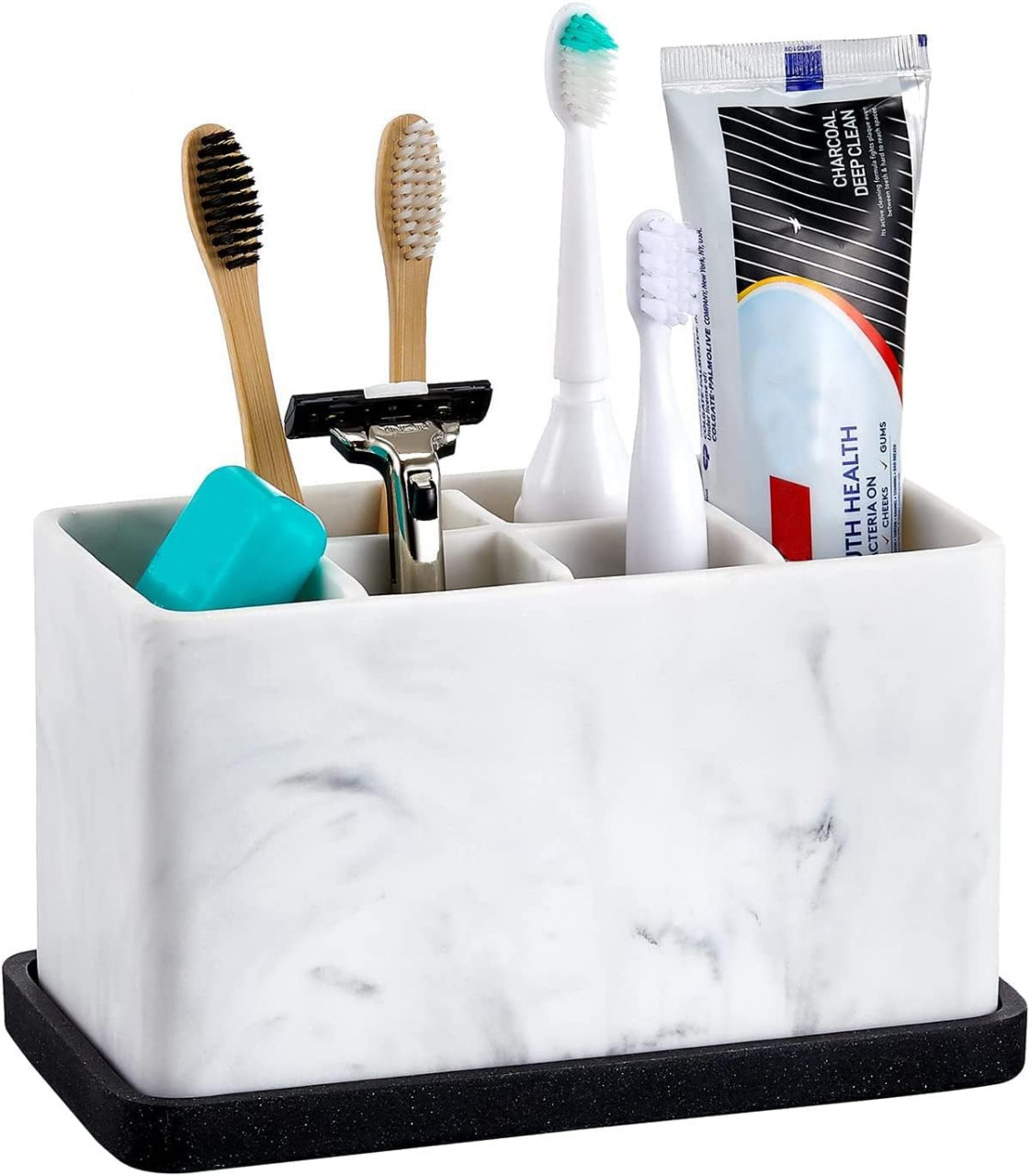 Organizator pentru baie Zccz, rasina, alb/gri/negru, 17,2 x 10,7 x 8,8 cm