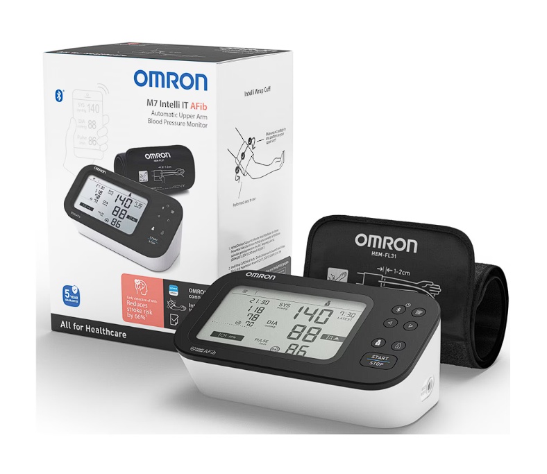 Pachet Tensiometru de brat automat OMRON M7 IT AFib, Tehnologie Intellisense, Adaptor AC original Omron, Alb, Resigilat, Grad A