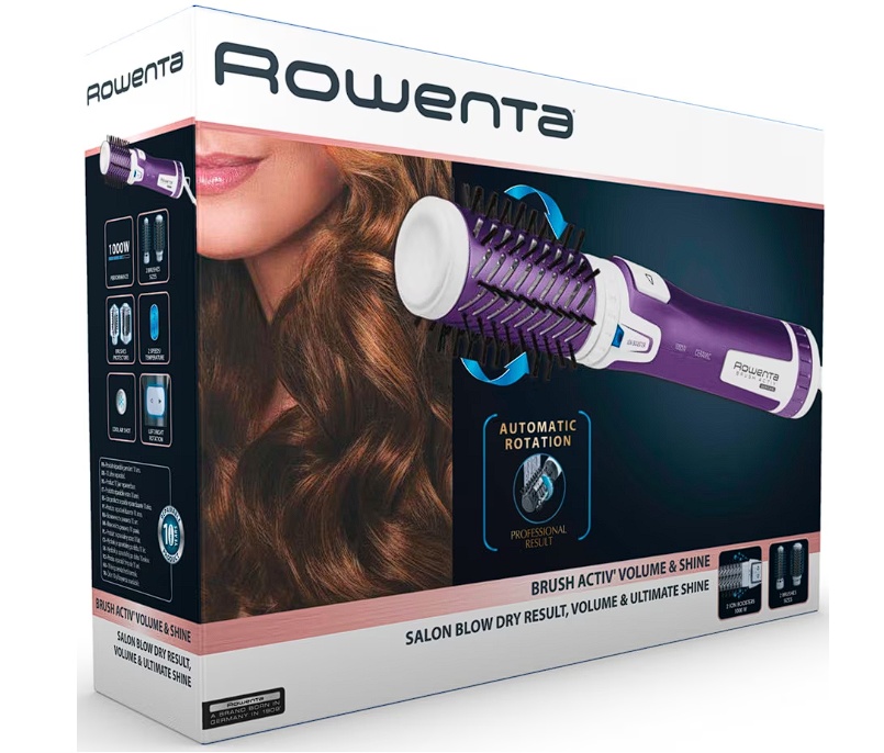 Perie rotativa Rowenta Brush Activ\' Volume&Shine 2 CF9530F0, 1000W, 2 trepte de temperatura si viteza, ionizare, 2 perii, invelis ceramic, Mov,