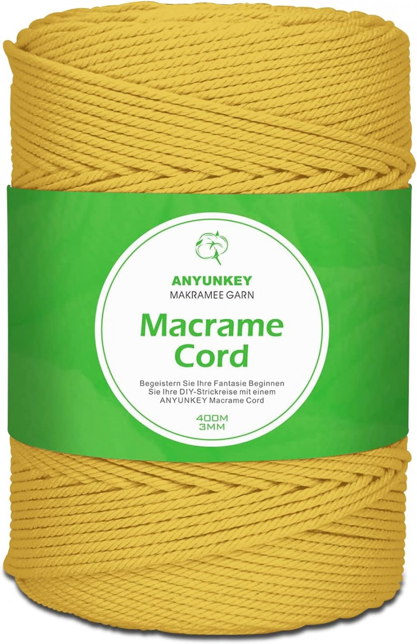 Rola de macrame pentru mestesuguri ANYUNKEY, bumbac, galben, 400m x 3 mm