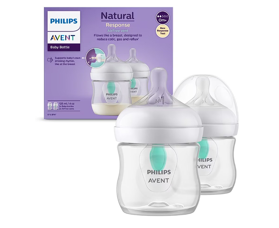 Set 2 biberoane Philips Avent Natural Response SCY670/02, cu dispozitiv anticolici AirFree, 125 ml, tetina care functioneaza ca sanul mamei, cu debit
