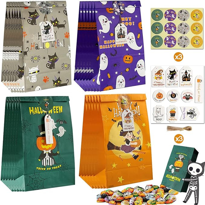 Set 24 pungi de cadou Halloween FullJoyHut , hartie, 23x12cm, multicolor