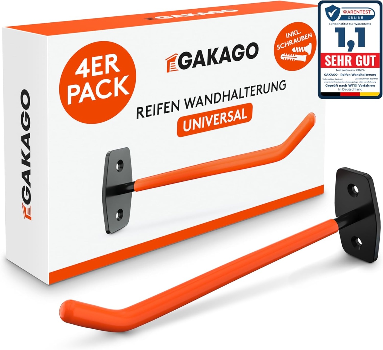 Set 4 suporti de perete pentru jante Gakago, metal, negru/portocaliu, 26 x 9 x 5 cm