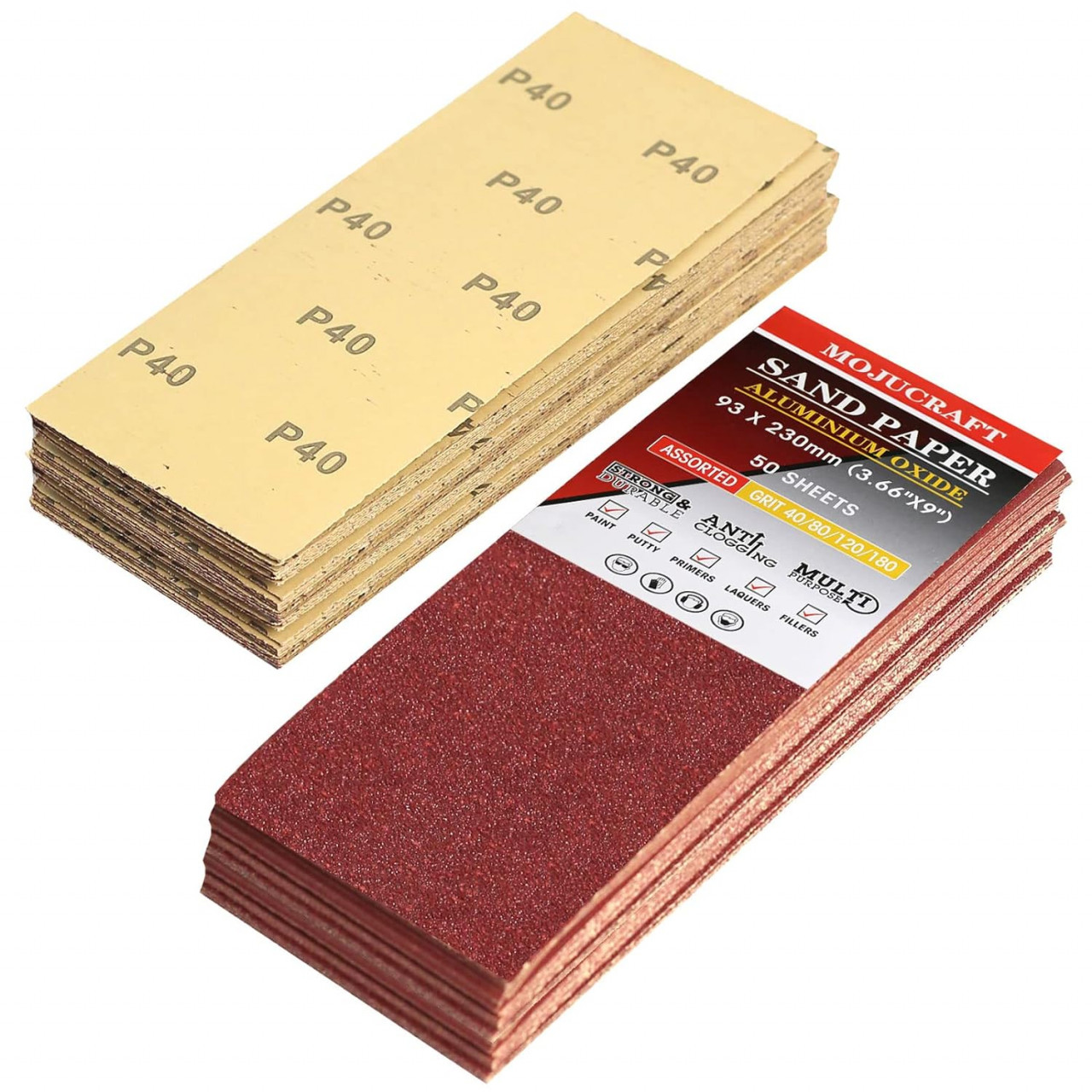 Set 50 coli de smirghel Mojucraft, hartie/oxid de aluminiu, maro, granulatie 40/80/120/180, 93 x 230 mm