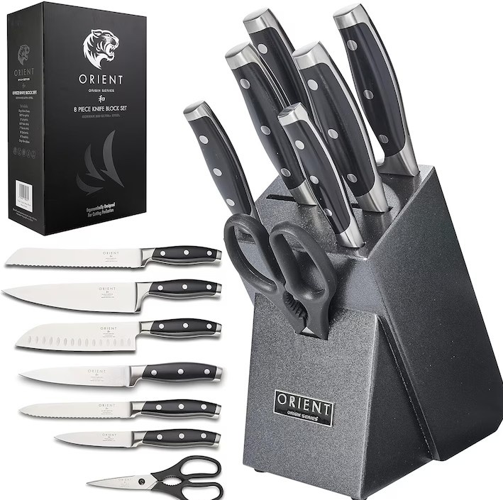 Set 8 piese Cutite pentru bucatarie, Orient, Origin Series, Suport Granit, foarfeca, Premium, Otel Inoxidabil German X50 Ultra+, Negru, resigilat