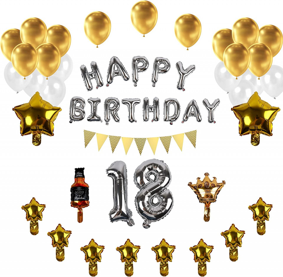 Set aniversar PARTY GO, cifra 18, folie/latex, argintiu/alb/auriu, 23 piese Accesorii pentru petreceri 2023-09-25