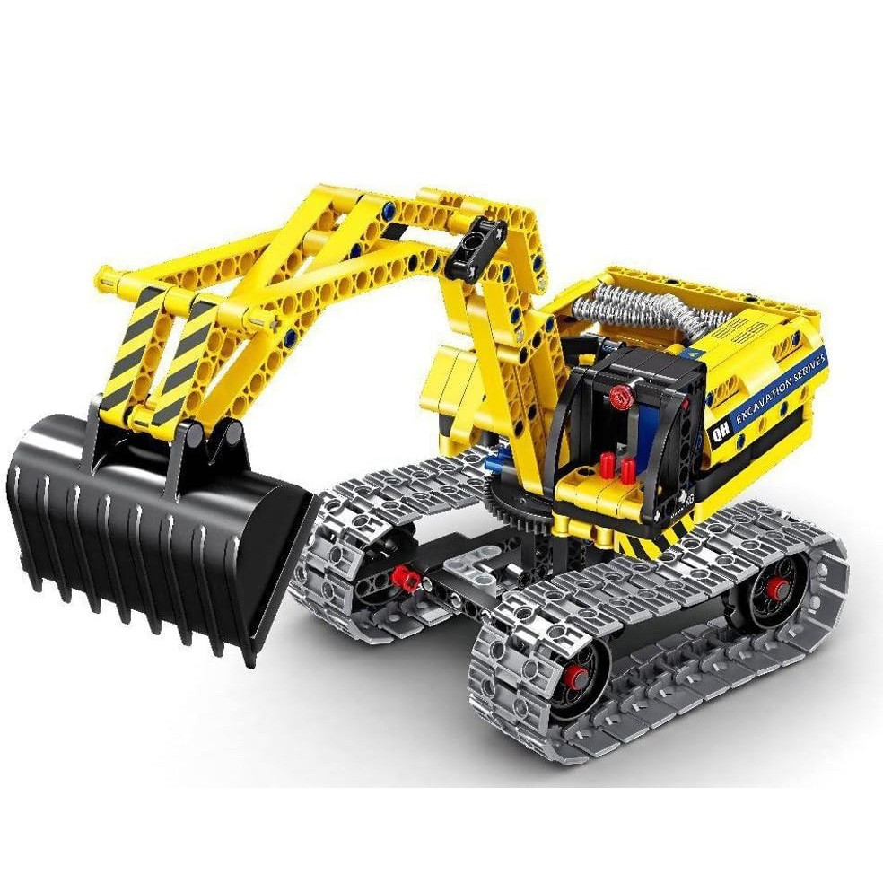 Set constructie excavator Modbrixm, 342 piese, plastic, galben/gri/negru, 38 x 28 x 7 cm