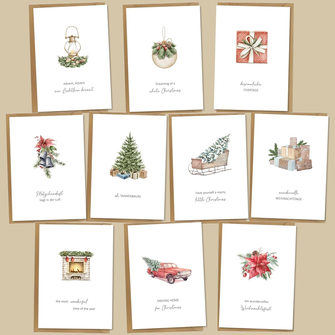 Set de 10 felicitari pentru Craciun Biroyal, harte, multicolor, 14,8 x 10,5 cm