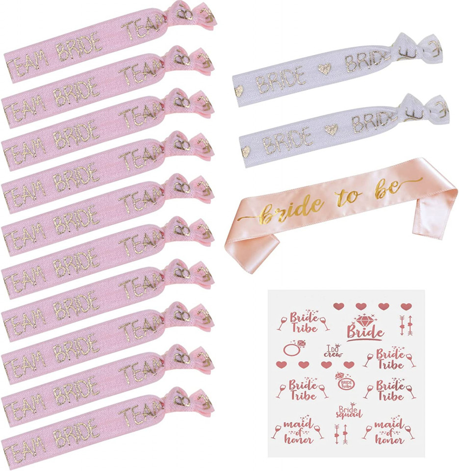 Set de 12 bratari o esarfa si o coala cu tatuaje VEGCOO, poliester, roz/auriu/alb