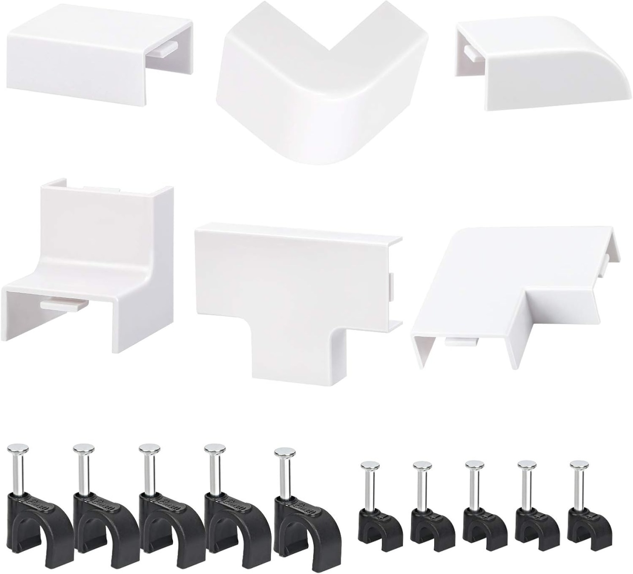 Set de 12 coltare pentru cabluri si 200 cleme Lamek, PVC, alb/negru