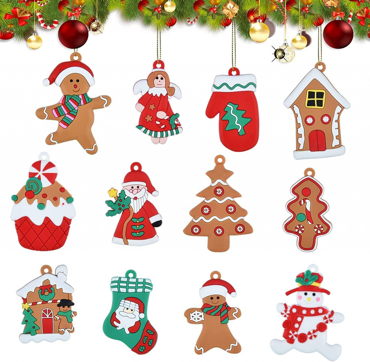Set de 12 decoratiuni de Craciun ENYACOS, PVC, multicolor, 5,7 x 7,5 cm