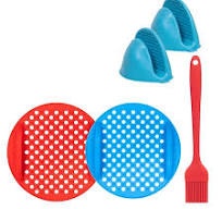 Set de 2 covorase cu manusi si pensula pentru friteuza cu aer Capoferri, silicon, albastru/rosu, 20 cm