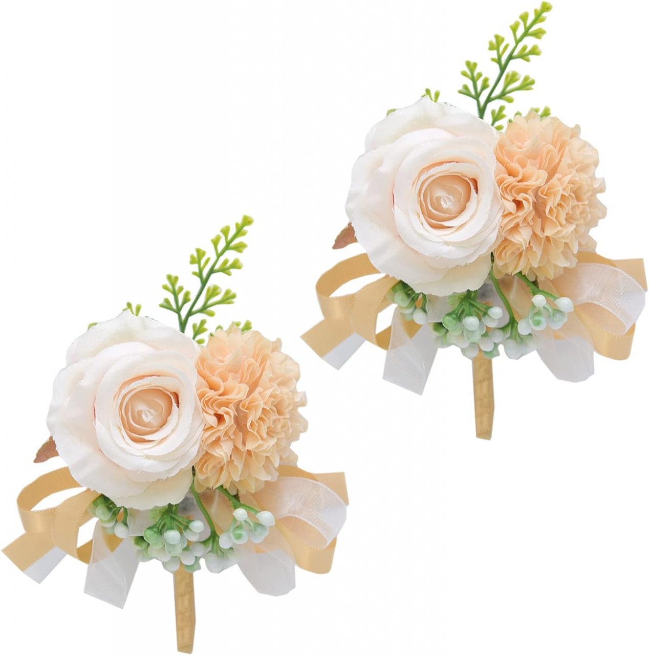 Set de 2 flori decorative pentru mireasa TogtherKings, matase, alb/sampanie/verde, 15 x 12 cm