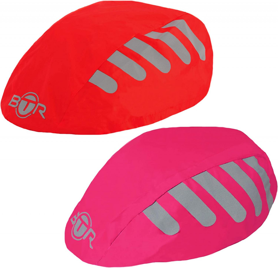 Set de 2 huse impermeabile pentru casca bicicleta BTR, rosu/roz, reflectorizante