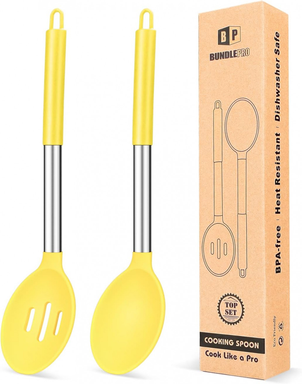 Set de 2 linguri pentru gatit BUNDLEPRO, otel inoxidabil/silicon, argintiu/galben, 7 x 34 cm