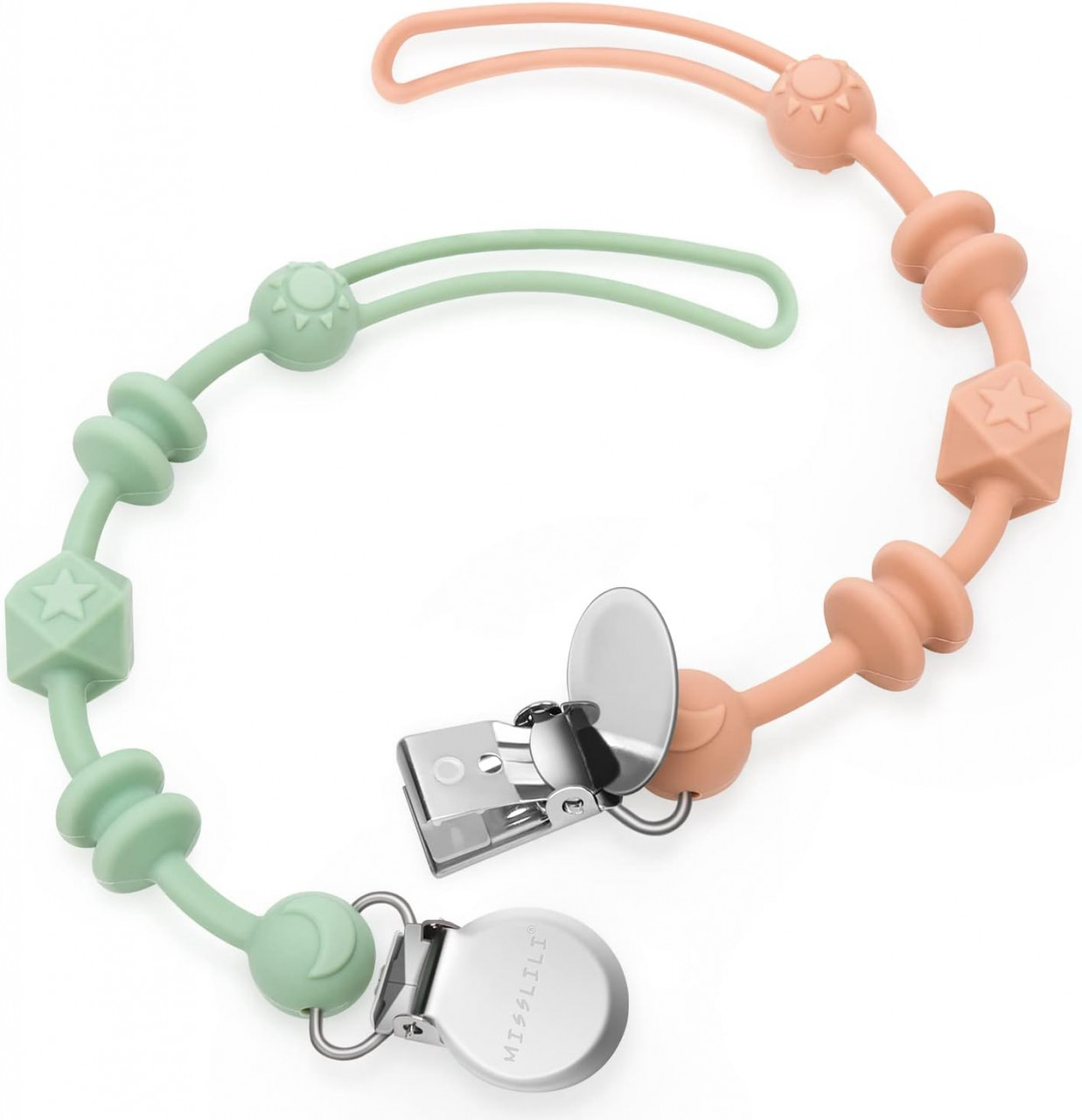 Set de 2 suporturi cu clema pentru suzeta bebelusului Cldy, silicon, roz/verde, 24 x 2,2 x 1,4 cm