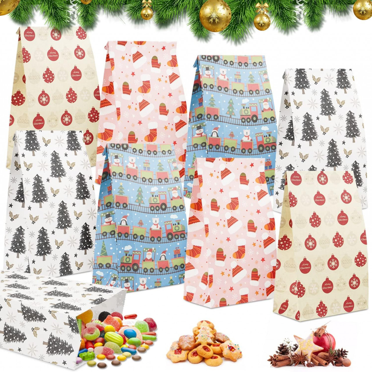Set de 24 pungi, 24 stickere, 24 cleme si o sfoara pentru Craciun Thexiu, hartie/lemn/textil, multicolor, 12 x 8 x 22 cm