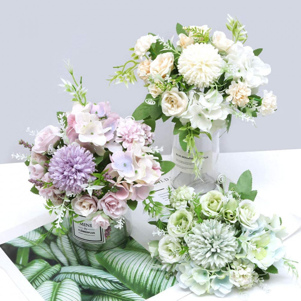 Set de 3 flori artificiale Hawesome, plastic/matase, mov, 32 x 20 cm