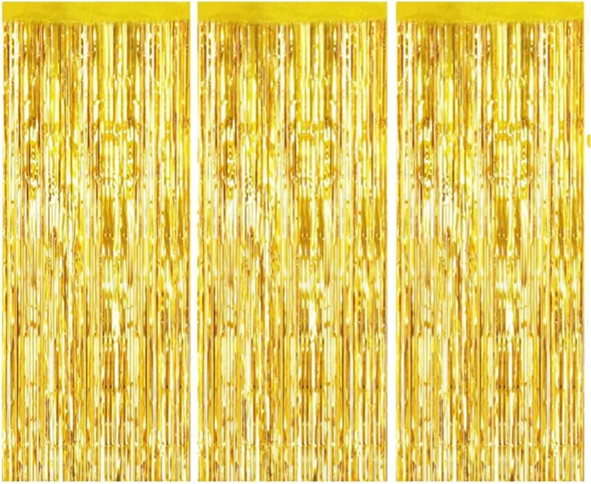 Set de 3 perdele cu franjuri Shengyuantong, folie, auriu, 100 x 200 cm